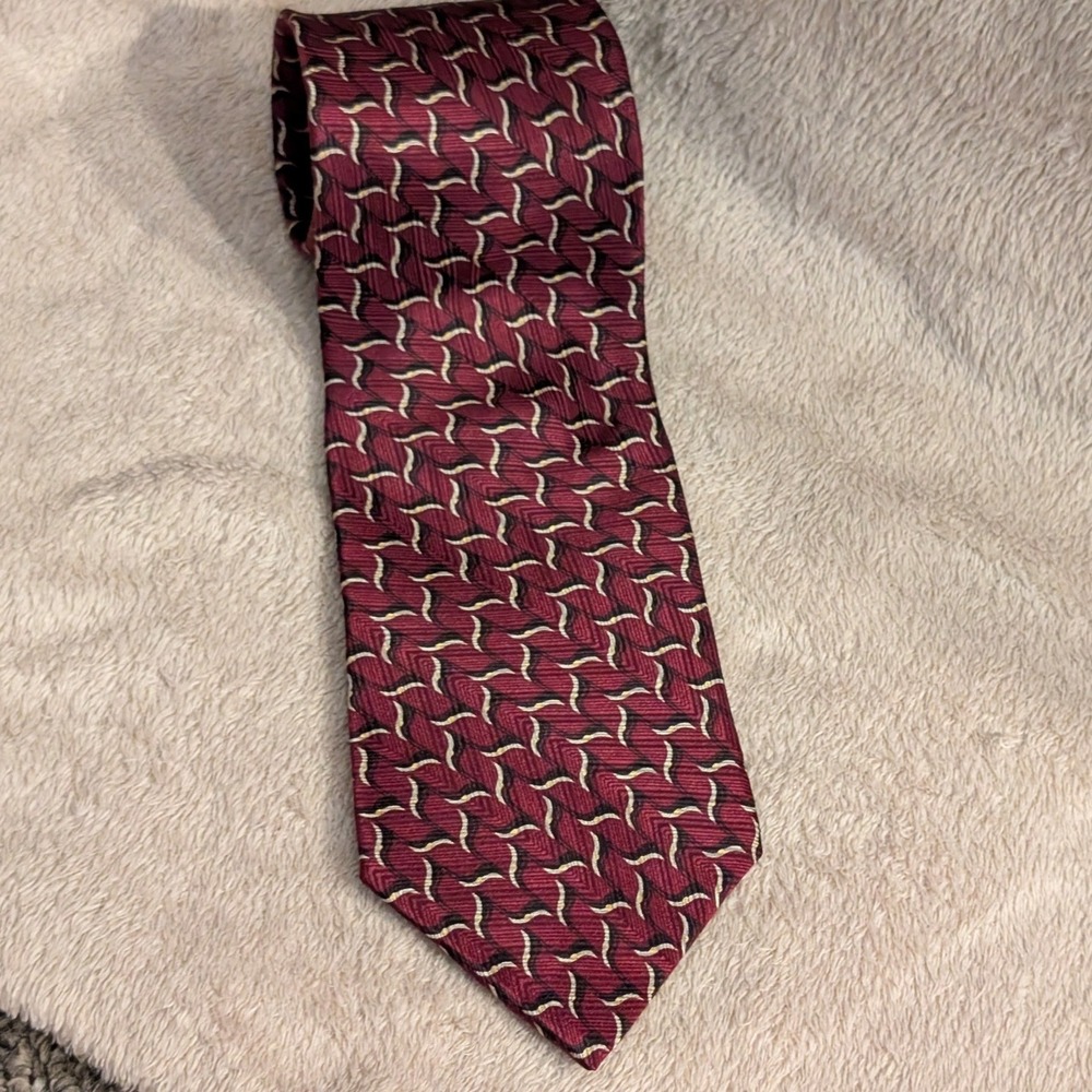 Bill Blass Black Label Silk Tie Geometric Abstract Pattern Burgundy Red Gold OS